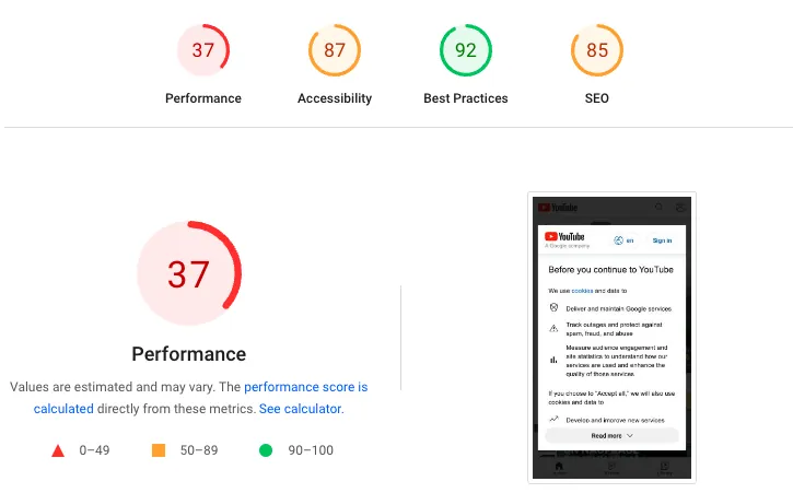 Relatório do PageSpeed Insights com nota de performance baixa