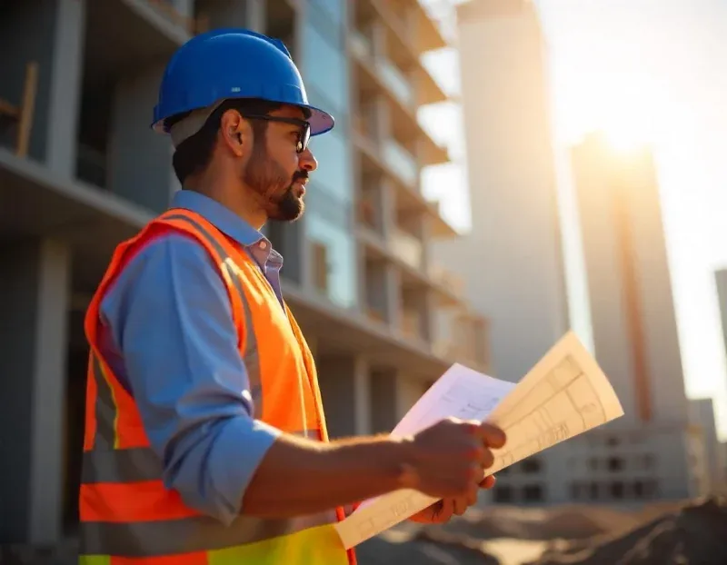Engenheiro de capacete azul analisando um projeto em frente a um prédio em construção
