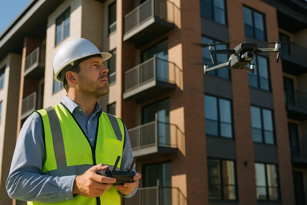 Engenheiro diagnóstico inspecionando fachada com drone