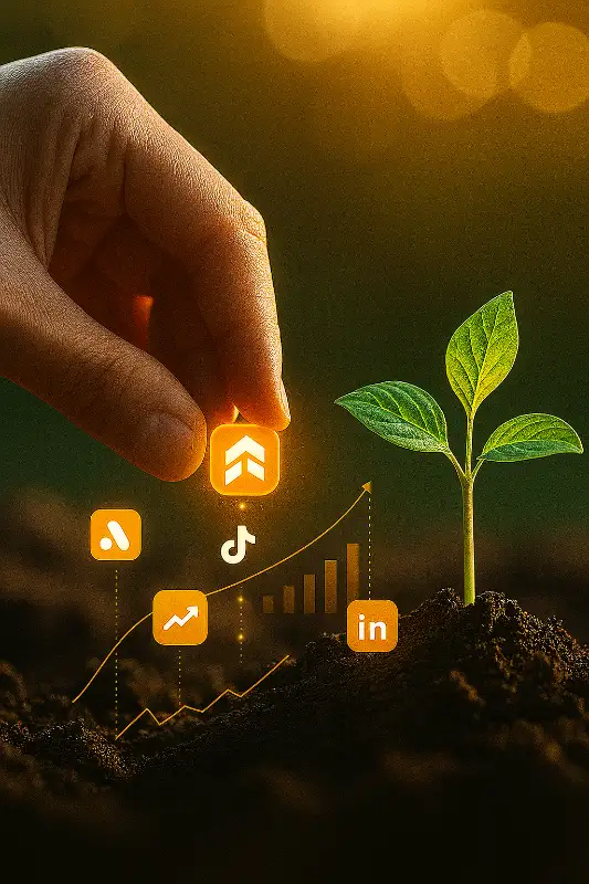Mão plantando um ícone de anúncio ao lado de uma muda crescendo, representando investimento em tráfego pago